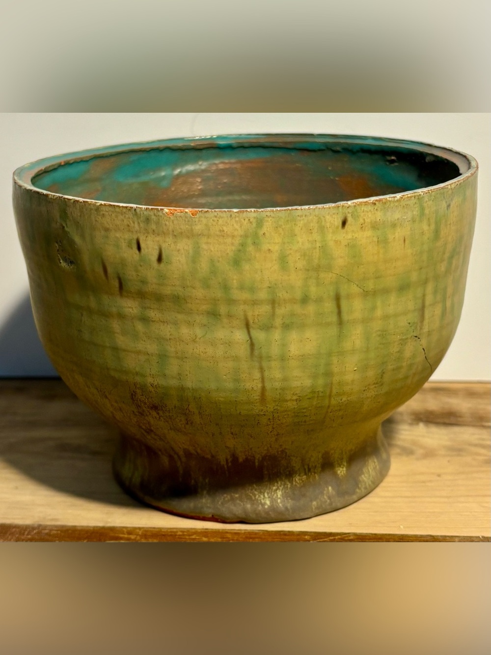 Vintage Signed Studio Art Pottery Footed Bowl Chartreuse Teal Earthenware